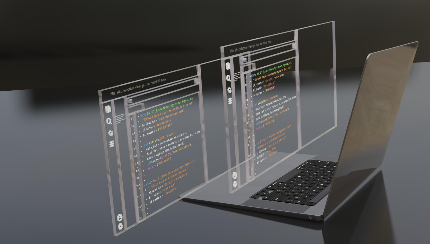 laptop with floating website coding